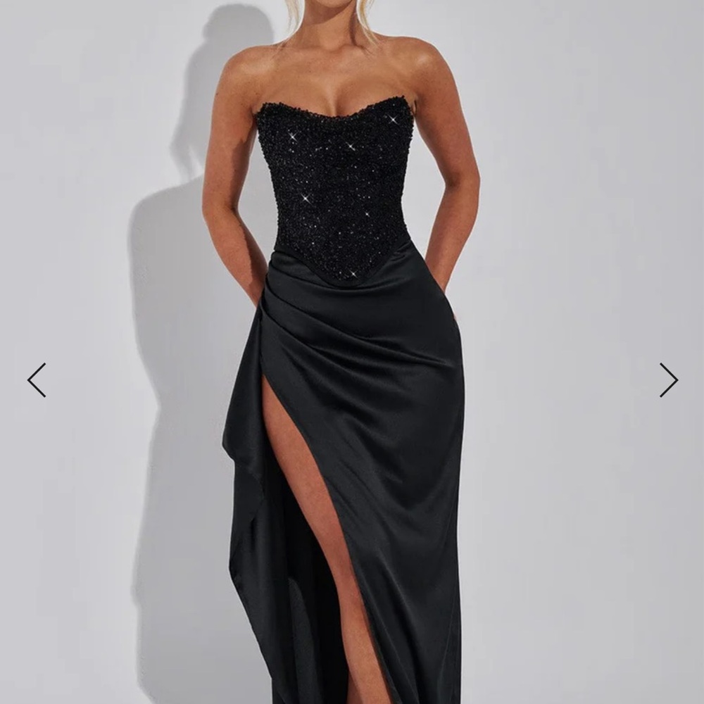 Black Embellished Strapless Gown with Ruched Slit